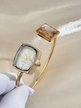 Anthropologie Gold Cuff Watch with Amber Crystal Accent